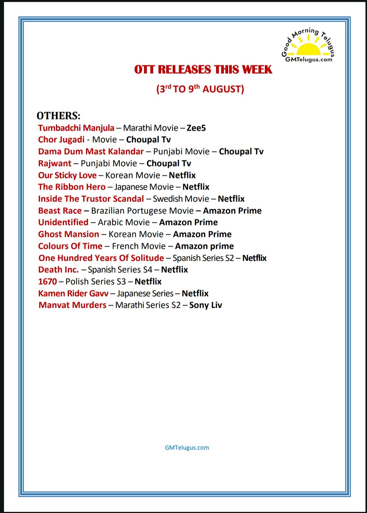OTT Releases This Week (3rd to 9th August) - Others