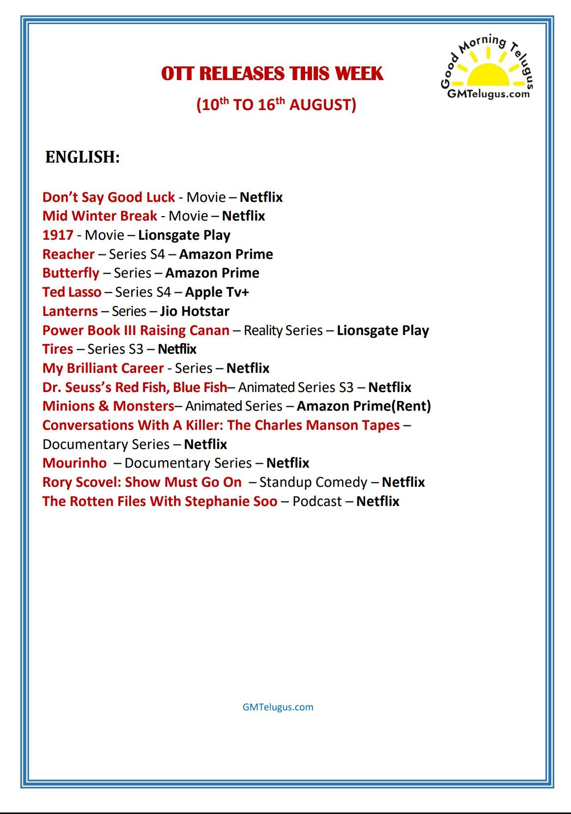 OTT Releases This Week (10th to 16th August) - English