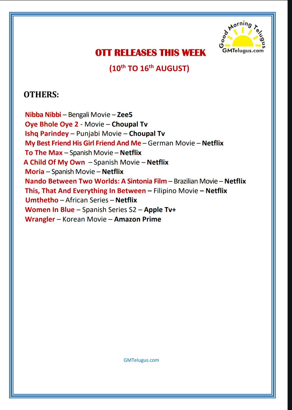 OTT Releases This Week (10th to 16th August) - Others
