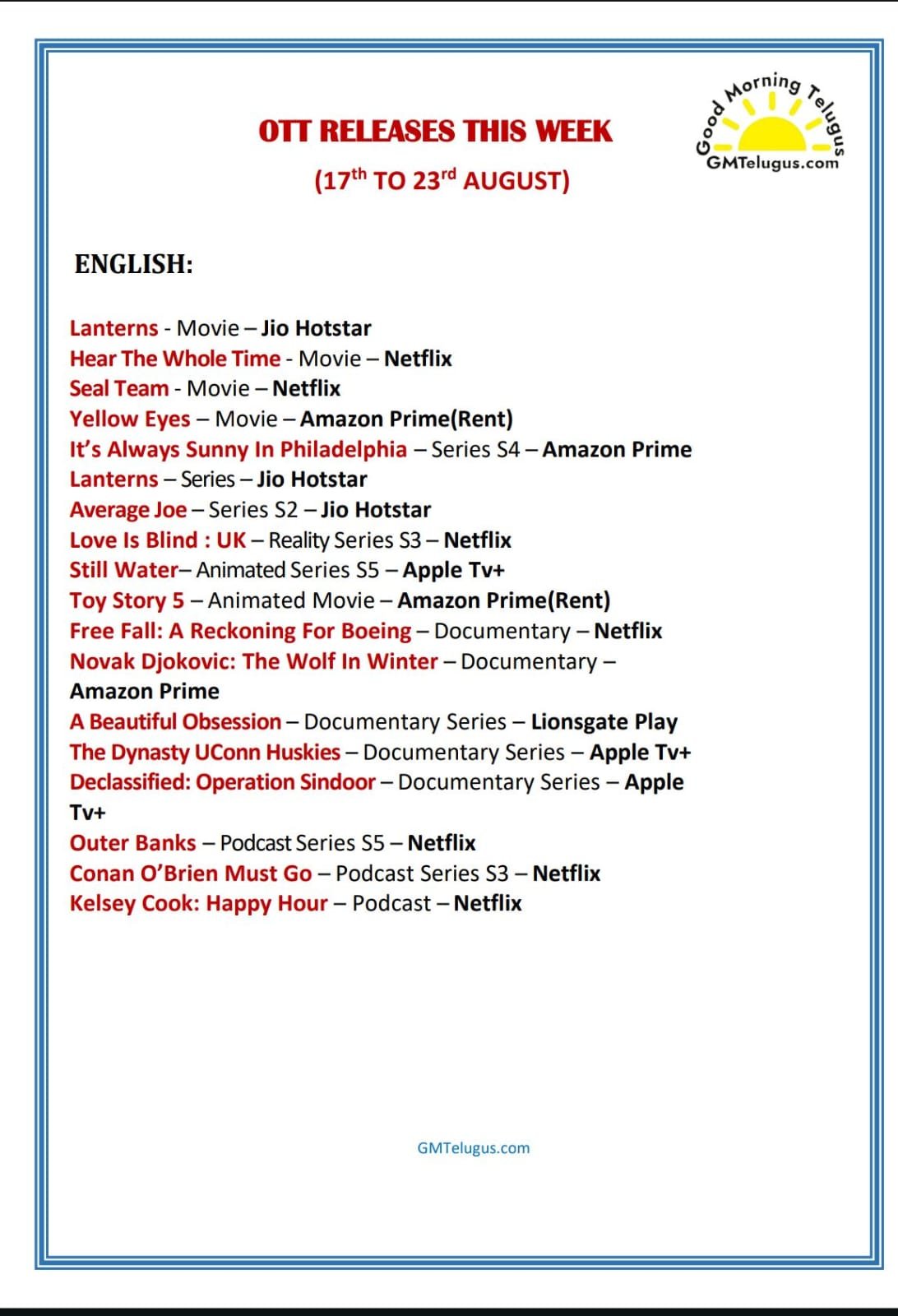 OTT Releases This Week (17th to 23rd August) - English