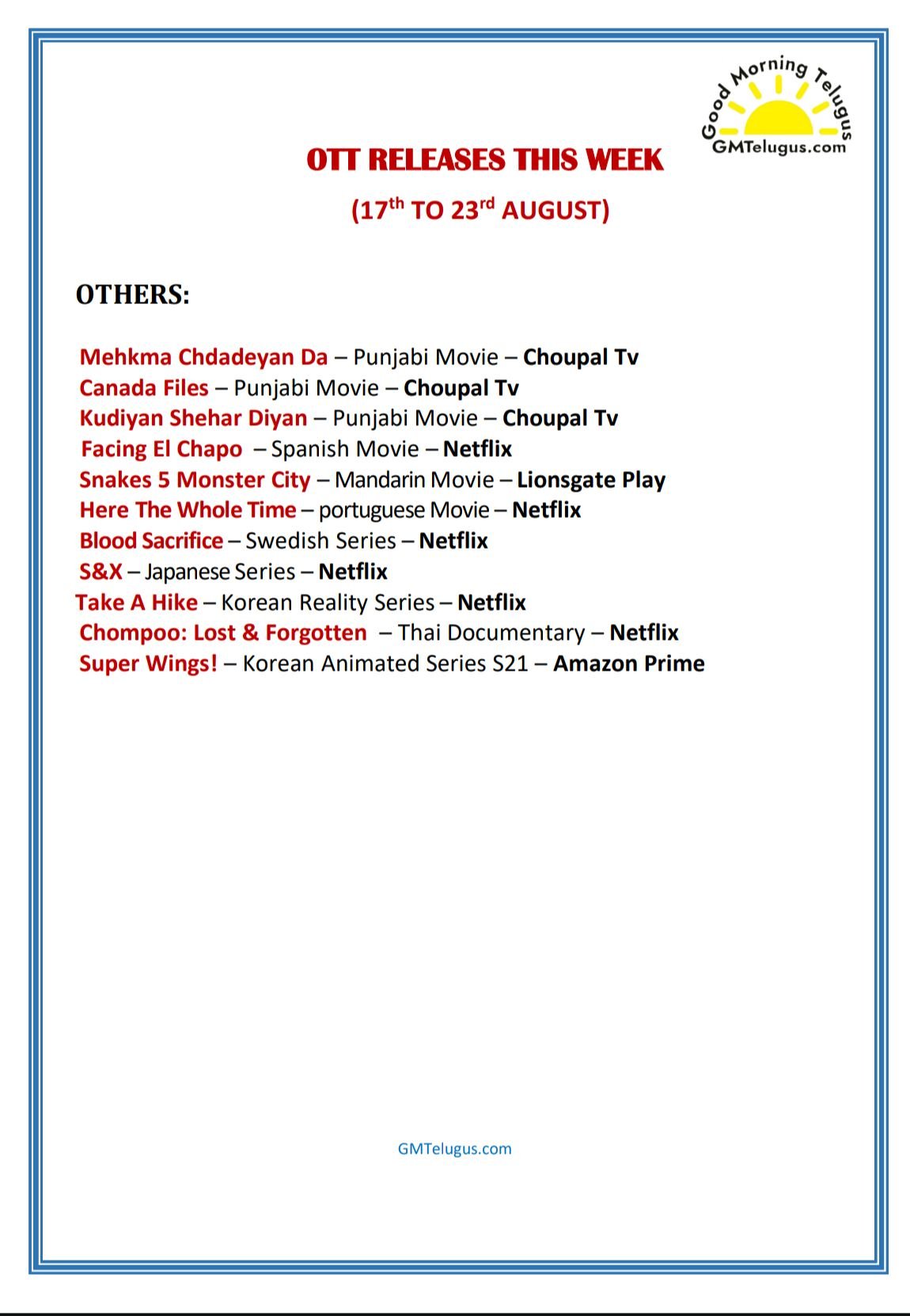 OTT Releases This Week (17th to 23rd August) - Others