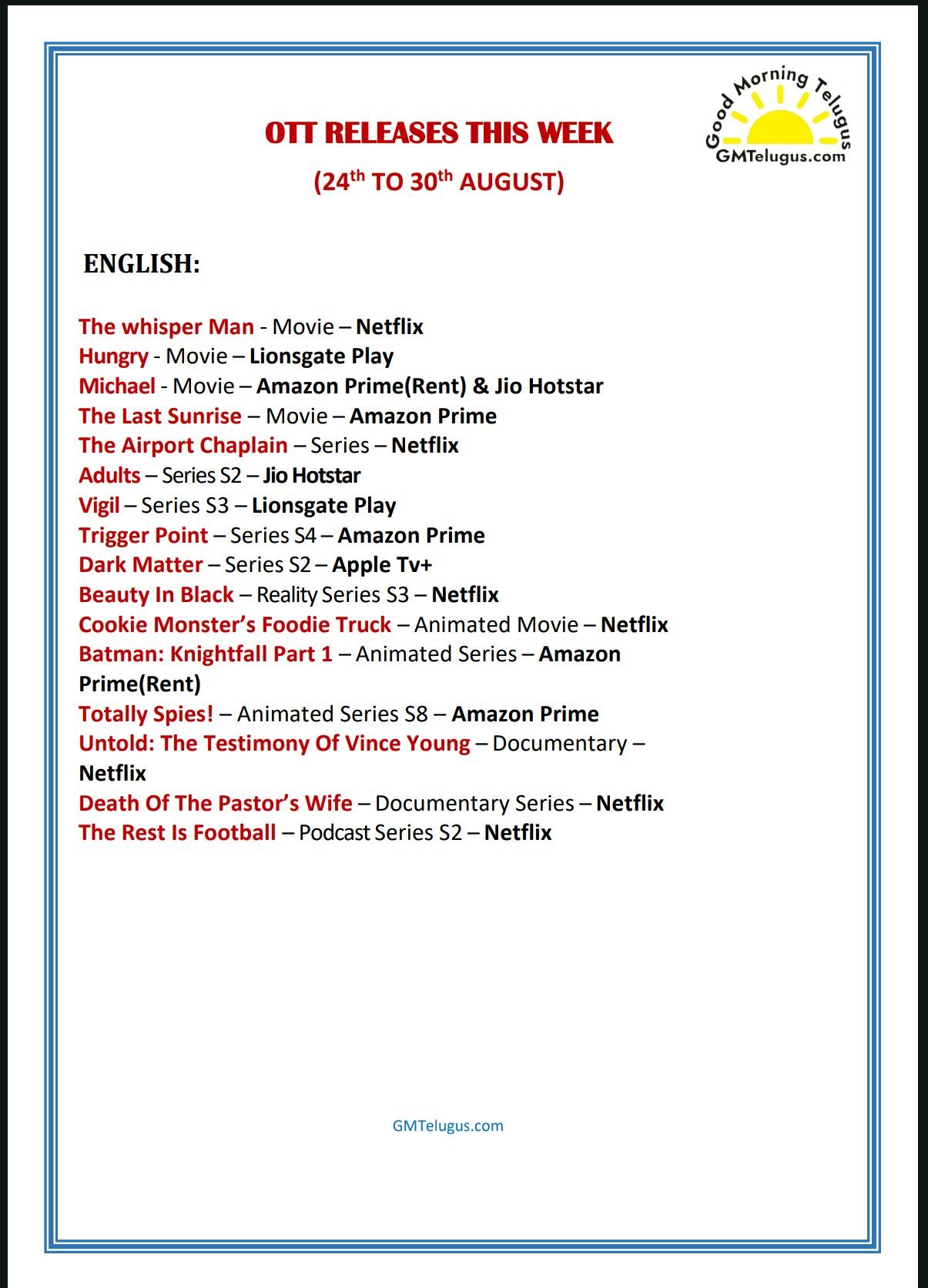 OTT Releases This Week (24th to 30th August) - English
