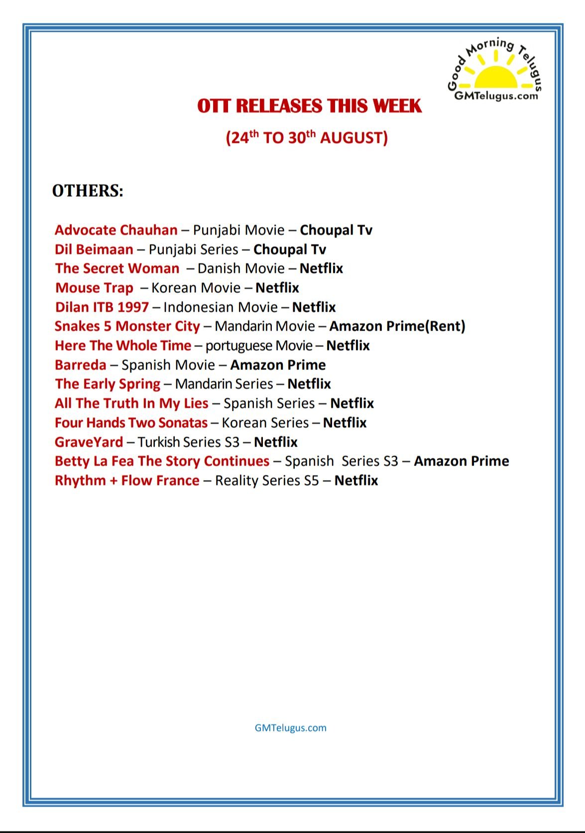 OTT Releases This Week (24th to 30th August) - Others