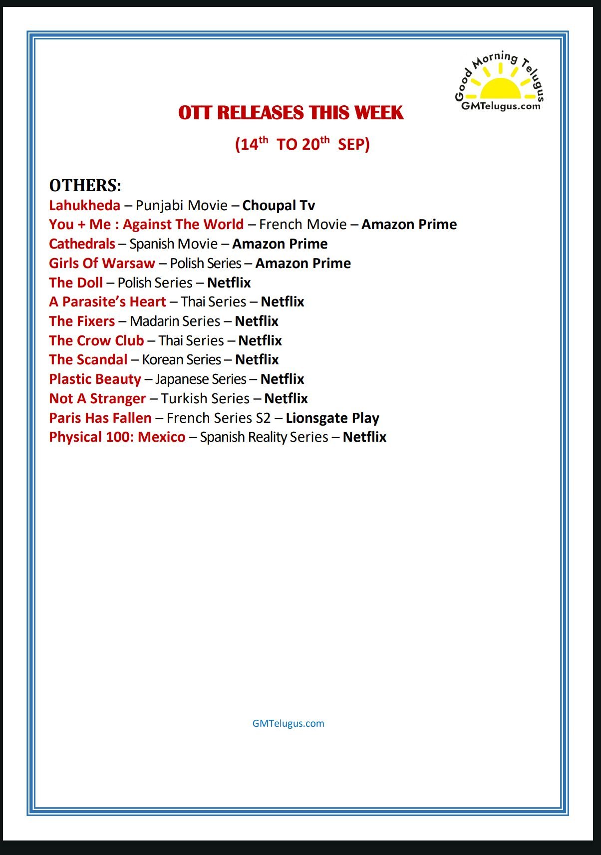 OTT Releases This Week (14th to 20th September) - Others